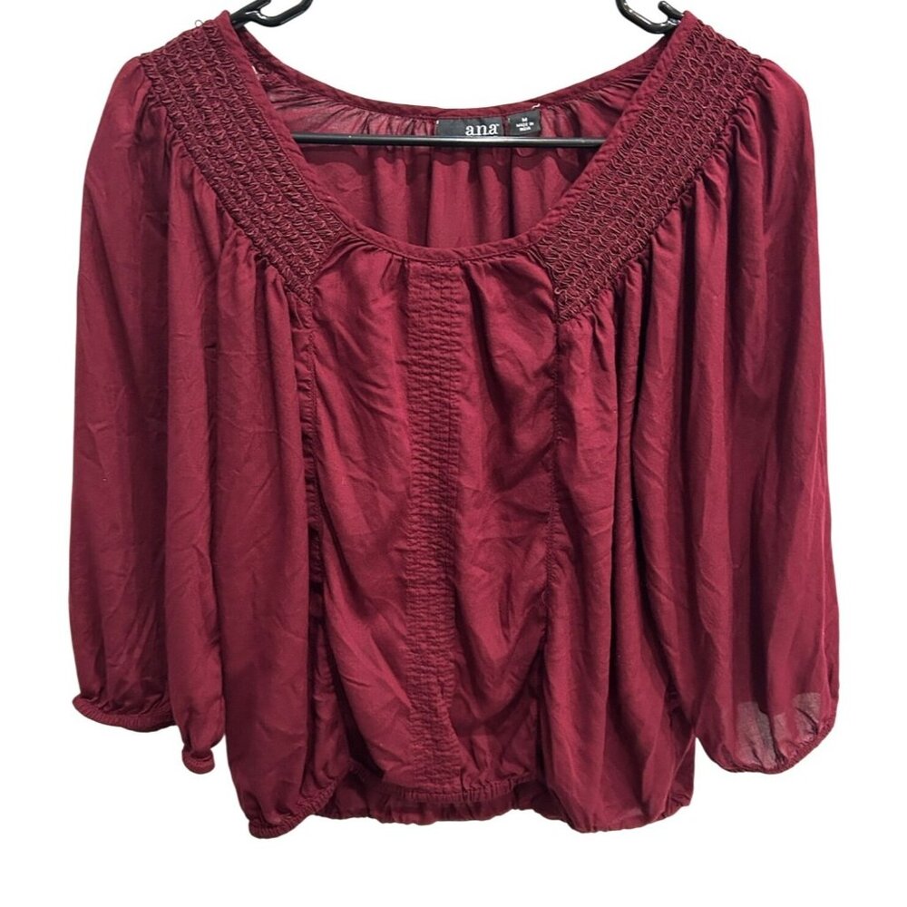 A.N.A Red Smocked Neck Long Balloon Sleeve Boho Blouse Cropped Y2K Size M